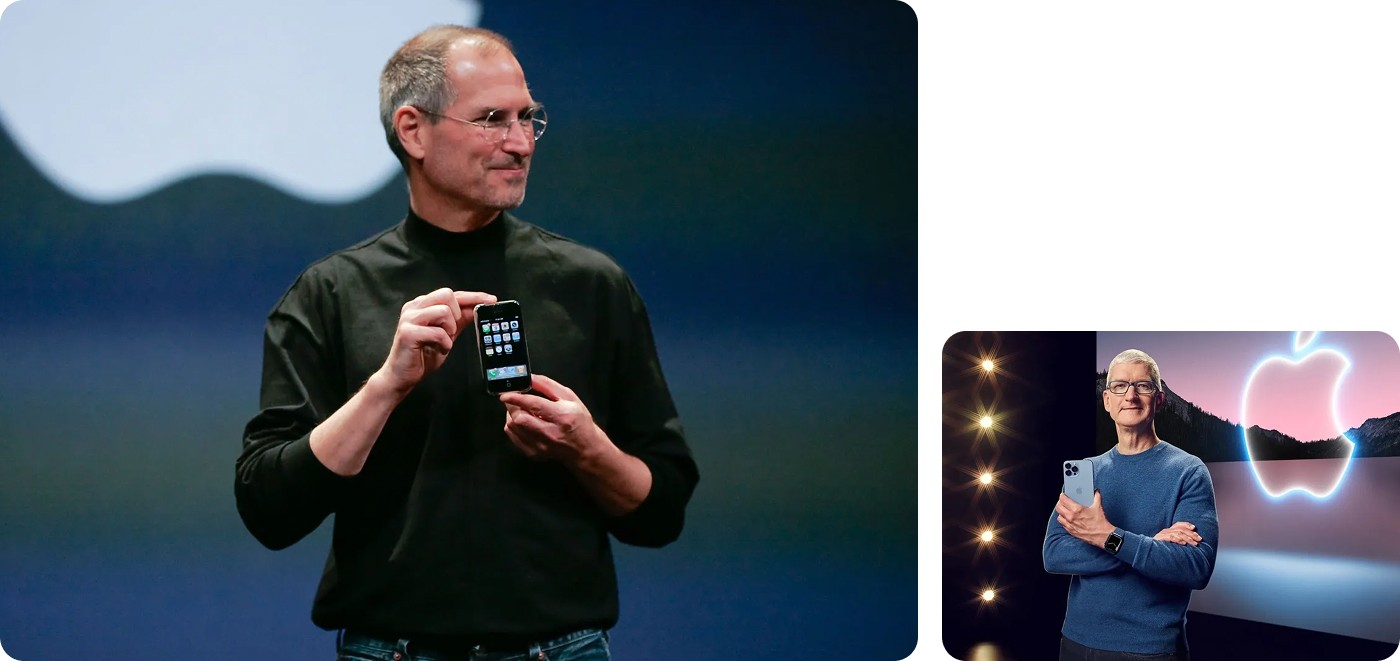 Steve Jobs and Tim Cook with iPhones